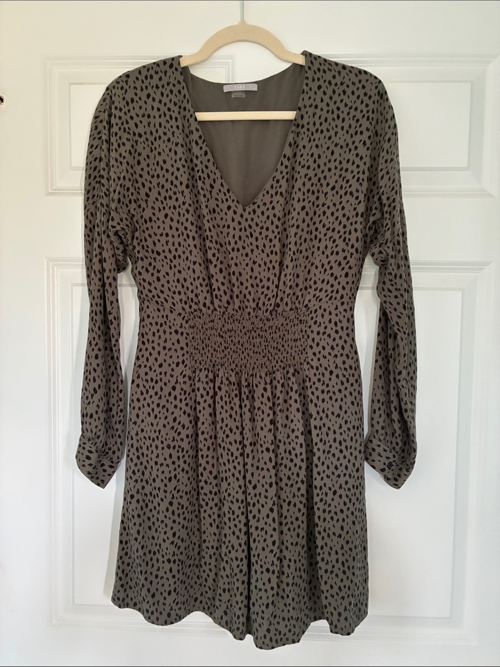 TART Olive Green Dotted V-Neck Long Sleeve Dress